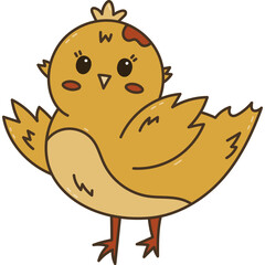 Lovely doodle Easter chick character waving hello with wings. Coloured hand drawn baby chicken as symbol of Easter, springtime, nature beginnings. Funny farm bird, poultry isolated on background.