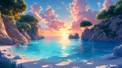 A fantastical anime-style view of Saint-Tropez beach, crystal-clear water shimmering in vibrant blues and greens, with a colorful sunset sky and dreamlike floating islands in the distance. --ar 16:9