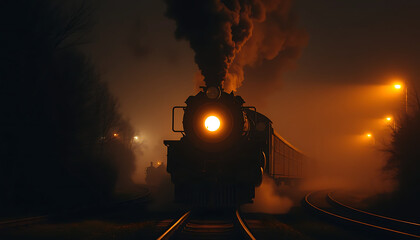 Mysterious Steam Train Emerging from the Fog at Night with Glowing Headlight