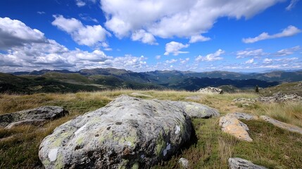 Fototapeta premium Breathtaking Mountain Landscape with Rocks Grass and Dramatic Clouds in Bright Blue Sky : Generative AI
