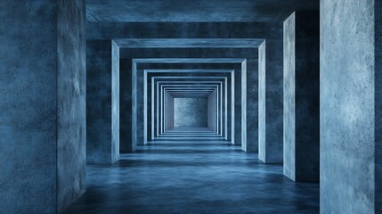 Fototapeta premium Modern Architectural Interior with Concrete Walls and Symmetrical Patterns in Blue Lighting : Generative AI