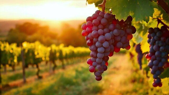 Sunset Vineyard Red Grapes Harvest Autumn