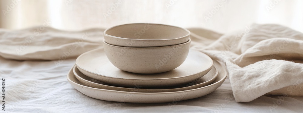 Poster minimalistic ceramic dinnerware stack with soft linen background for modern dining and rustic table 
