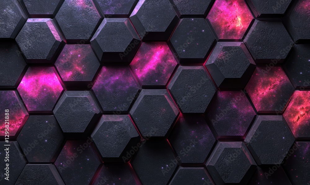 Poster dark hexagons with glowing pink nebula background for abstract design