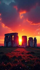 Fiery sunset paints Stonehenge in dramatic light , fiery, iconic