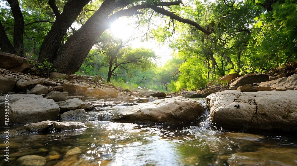 Poster Rocky Stream Flowing Through Lush Forest with Sunlight Filtering Through the Tree Canopy : Generative AI