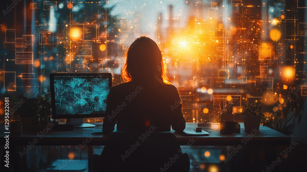 Poster visualizing global digital collaboration through holographic tools in stylish home offices with dyna