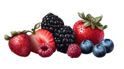 Obraz premium A handful of assorted mixed berries â€“ strawberries, raspberries, blackberries, and blueberries, isolated on a transparent background.