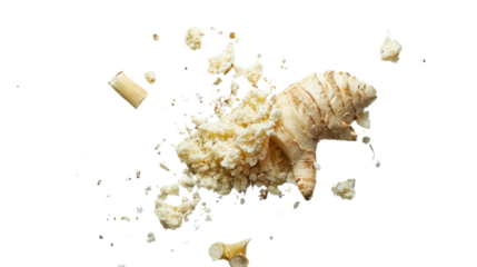 Fresh ginger root exploding with flavor on transparent background