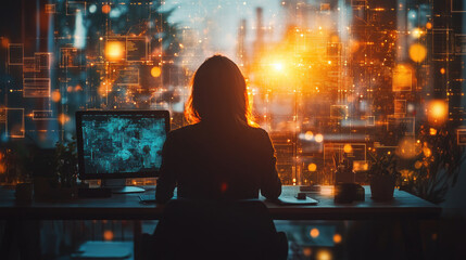 Visualizing global digital collaboration through holographic tools in stylish home offices with dynamic lighting