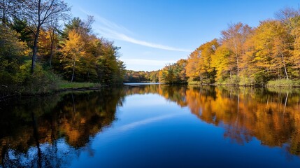 Fototapeta premium Reflective Autumn Lake Surrounded by Colorful Trees Under Clear Blue Sky : Generative AI