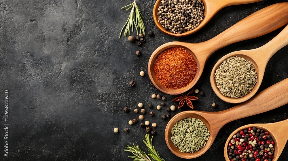 Poster a variety of vibrant spices in wooden spoons on a dark textured background : generative ai