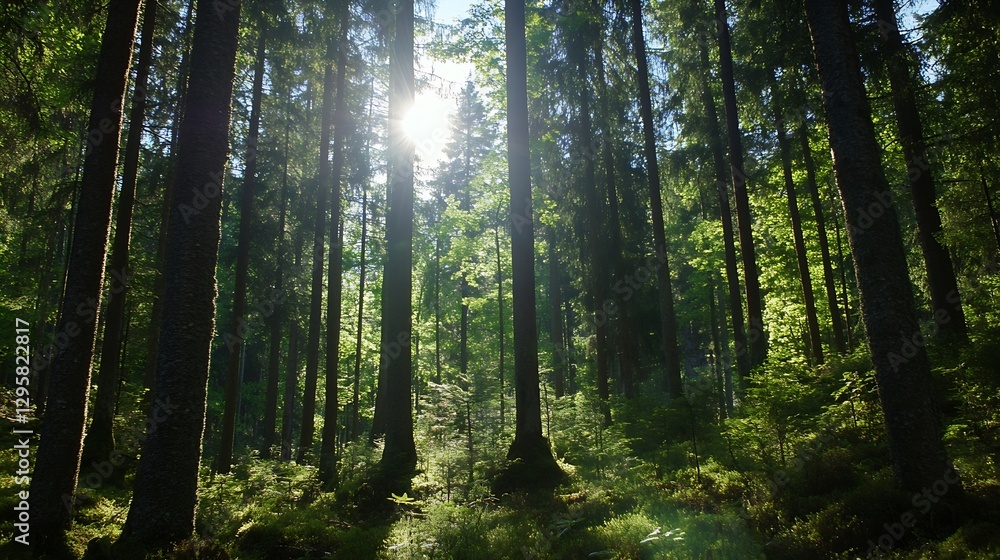 Poster sunlight filtering through tall trees in lush green forest in nature : generative ai