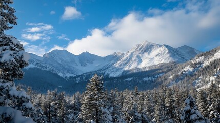Breathtaking view of snow capped mountains and evergreen trees capturing the essence of winter in nature : Generative AI