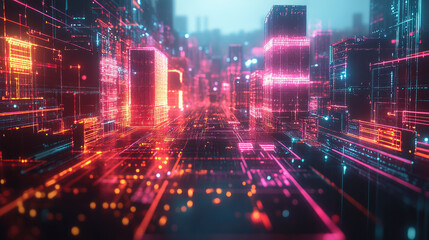 Global logistics network visualized as a futuristic cityscape with neon lights and interconnected pathways illuminating transport routes