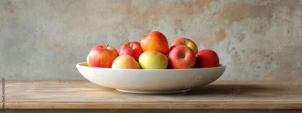 Aufkleber fresh and colorful apples arranged neatly in a simple white bowl on a wooden table against a rustic 