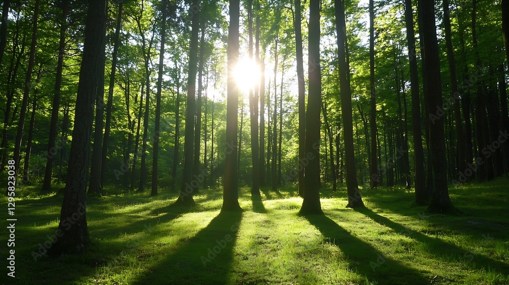 Aufkleber sunlight filtering through trees in lush green forest creating breathtaking natural scene : generati