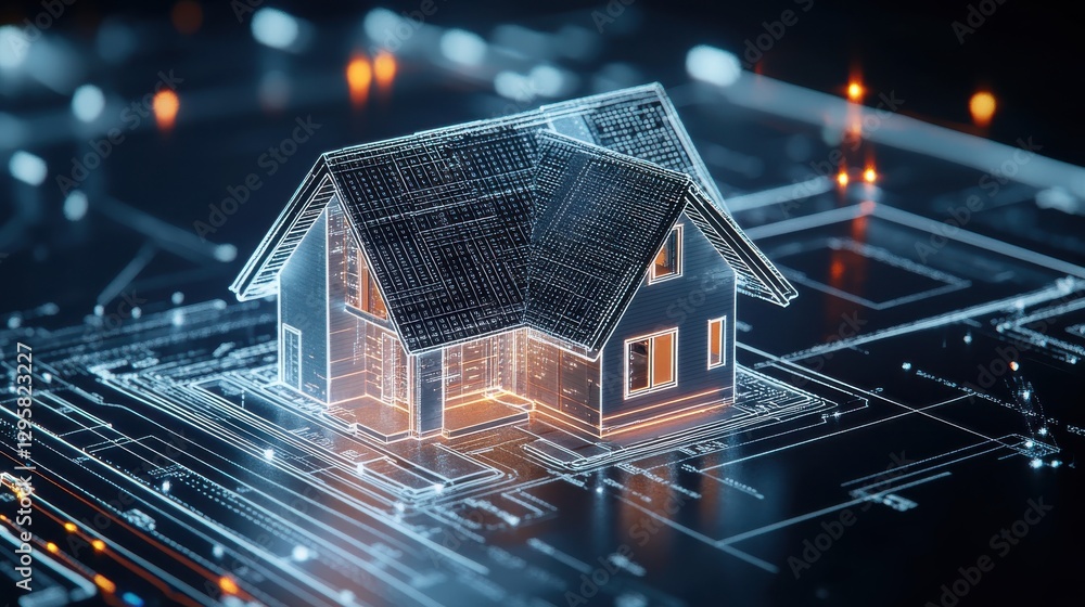 Poster futuristic house design concept with digital blueprint background representing modern architecture a