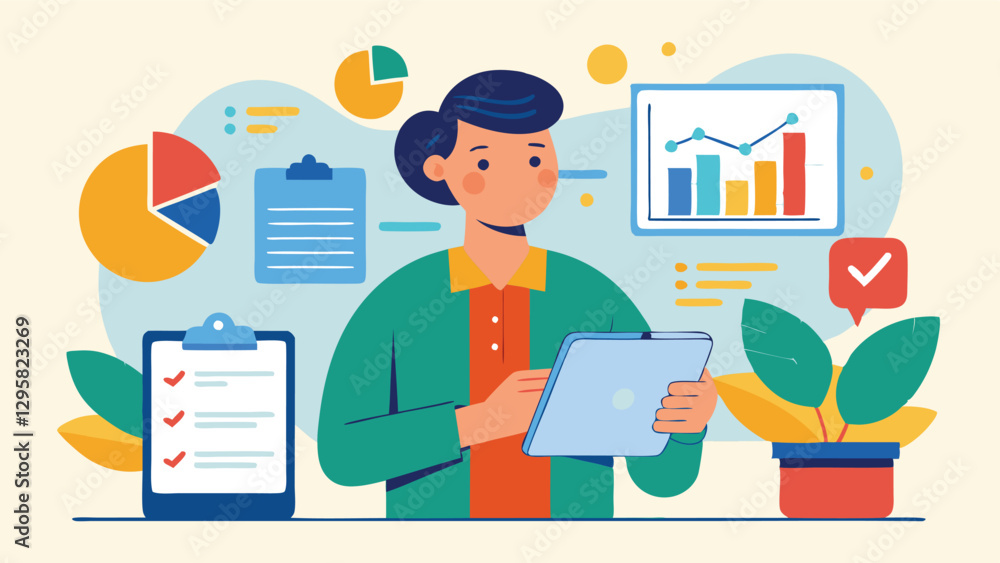 Poster analyzing business data trends with visual charts and reports in a minimal vector illustration setti