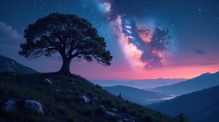 Naklejka premium Serene Nighttime Landscape Featuring a Solitary Tree on a Hilltop, Silhouetted Against a Vibrant Milky Way Galaxy and a Panoramic View of Distant Mountains at Twilight