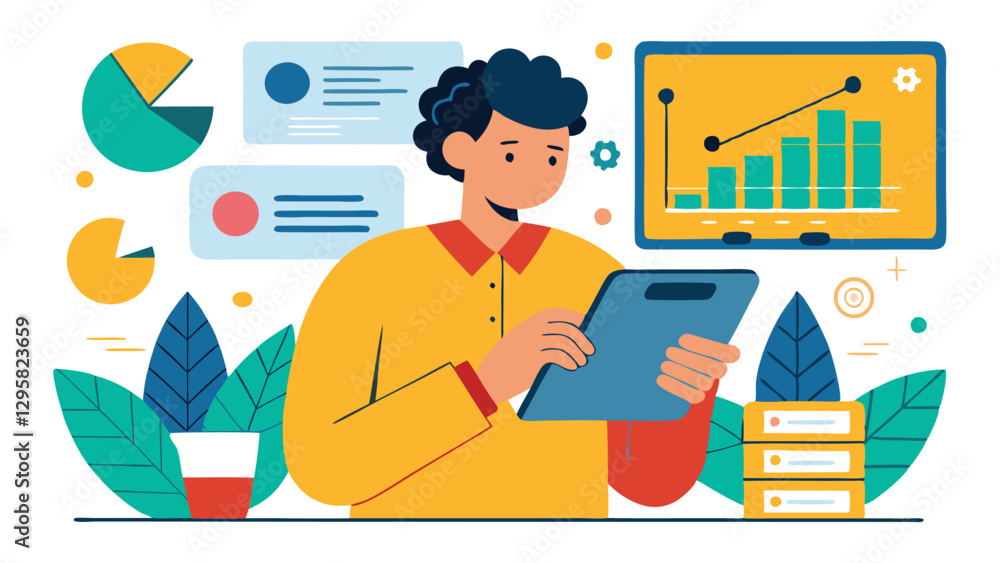Poster analyzing business data trends with visual charts and reports in a minimal vector illustration setti