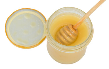 Otwarty słoik z miodem pszczelim skrystalizowanym izolowany na białym tle © Paweł Kacperek