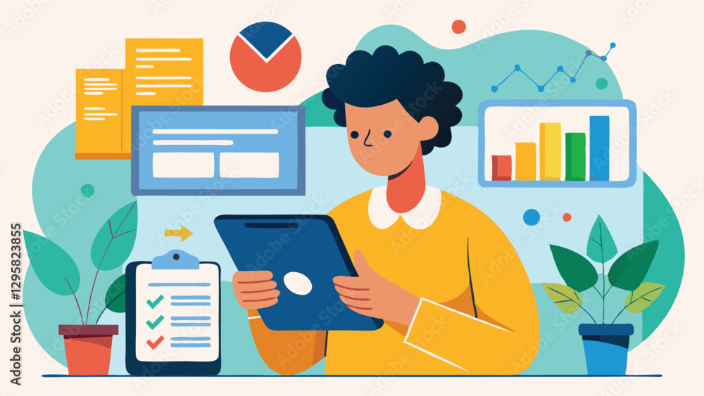 Poster analyzing business data trends with visual charts and reports in a minimal vector illustration setti