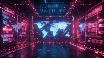 Obraz premium Glowing network of interconnected points forming a world map, with radiant light trails symbolizing global connections on a sleek neon digital background