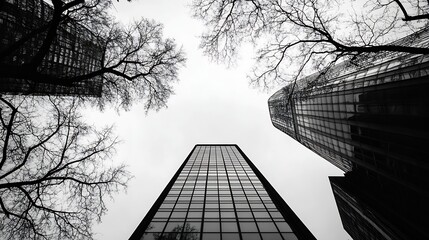 Dramatic black and white perspective of towering skyscrapers against gloomy sky : Generative AI