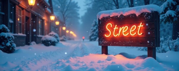 Snowy signboard with twinkling lights and frosty atmosphere, snow-covered, winter, frosty