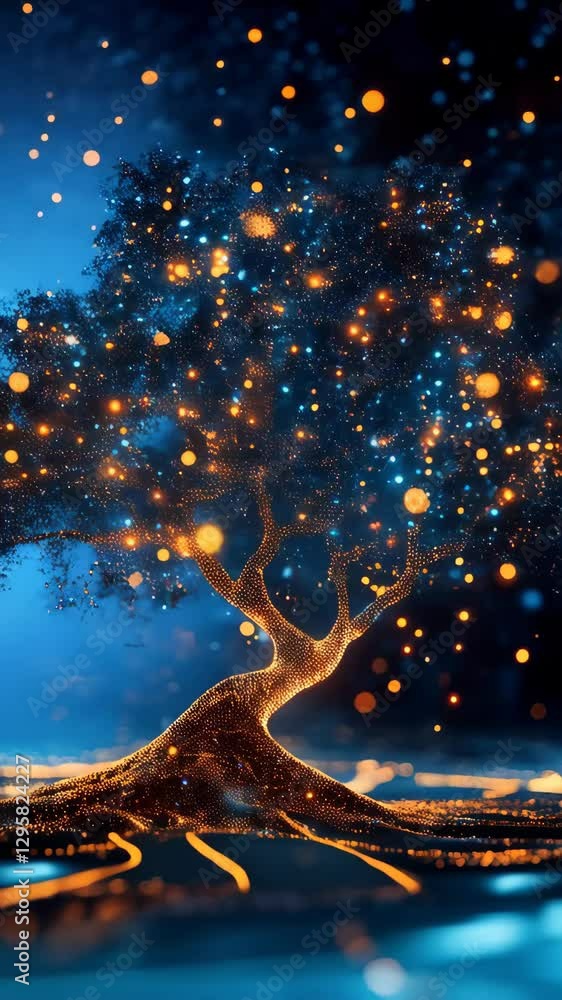 Poster a stylized tree composed of interconnected lines and nodes, resembling a neural network or data visu