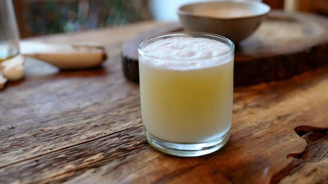 Traditional Turkish ayran served in a frothy glass, rustic wooden table setting, soft natural lighting, minimalistic and authentic aesthetic

