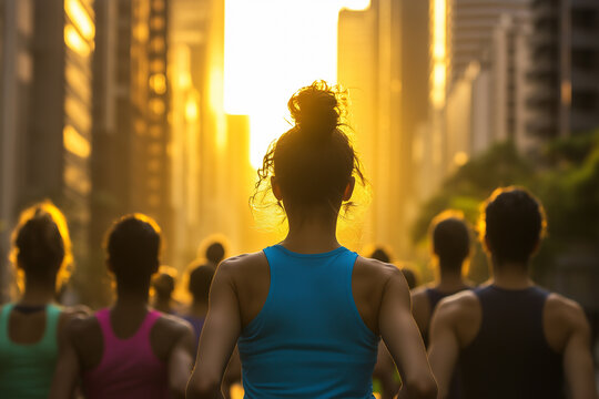Fitness instructor in a blue tank top leads a diverse group in urban boot camp skyscrapers towering under a golden sunrise