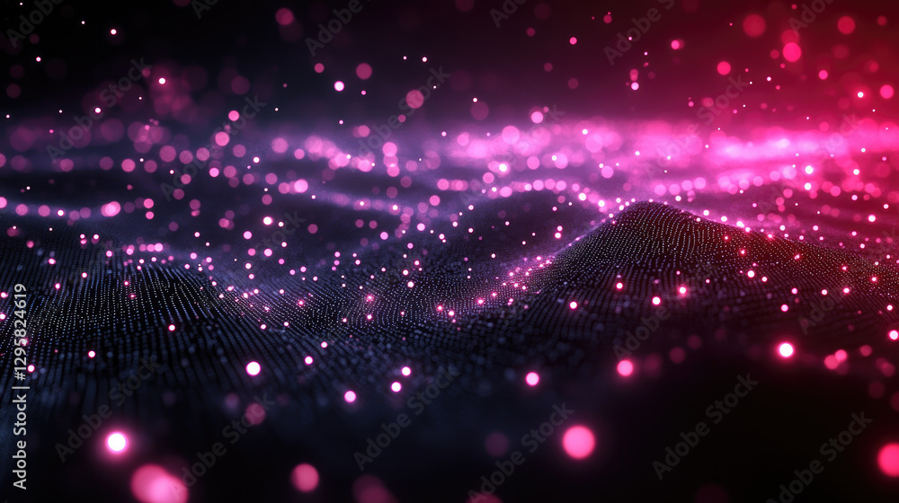 Poster interconnected network of glowing points forms a radiant world map with vibrant light trails represe
