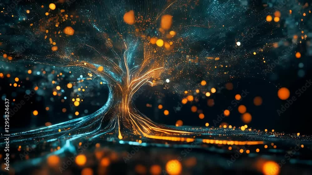 Poster a stylized tree composed of interconnected lines and nodes, resembling a neural network or data visu