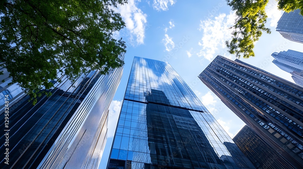 Wall mural Dramatic View of Tall Glass Buildings Reaching into Blue Sky with Fluffy White Clouds : Generative AI