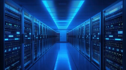 Fototapeta premium Futuristic Data Center Corridor with Sleek Technology, Bright Blue Lighting, and Rows of Servers in an Organized Modern Environment