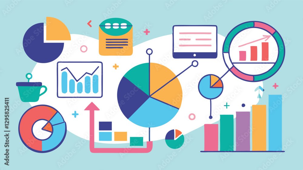 Poster colorful vector illustration featuring various data visualizations and analytics tools on a bright b