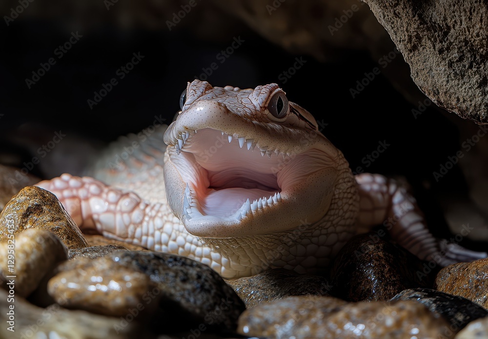 Poster captivating close-up of a pale lizard with open mouth showcasing distinctive features and unique tex