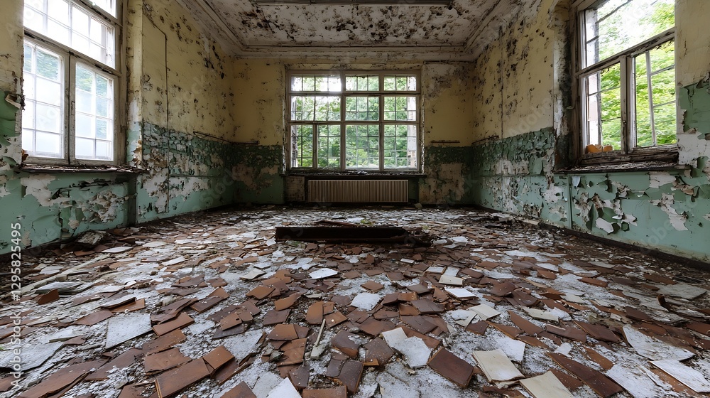 Poster abandoned room with crumbling walls and floor filled with old papers and debris : generative ai