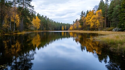 Fototapeta premium Stunning Reflection of Autumn Trees on a Calm Lake Surrounded by Lush Nature : Generative AI