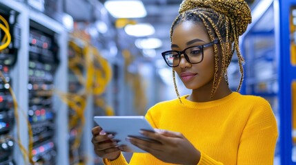 Empowering Technology Exploring a Confident Woman's Expertise in Data Center Management, Showcasing Her Role in Network Infrastructure Maintenance, Troubleshooting Server Issues, and Optimizing
