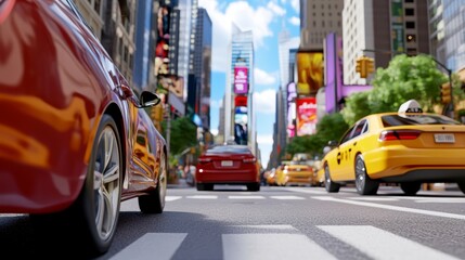 Bright Sunlight on a Busy City Street with Yellow Taxis and Red Cars