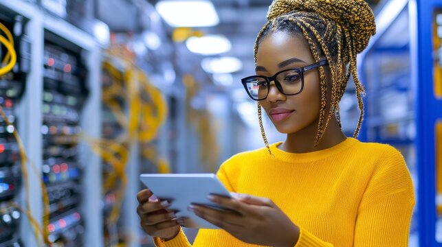 Empowering Technology Exploring a Confident Woman's Expertise in Data Center Management, Showcasing Her Role in Network Infrastructure Maintenance, Troubleshooting Server Issues, and Optimizing - Powered by Adobe