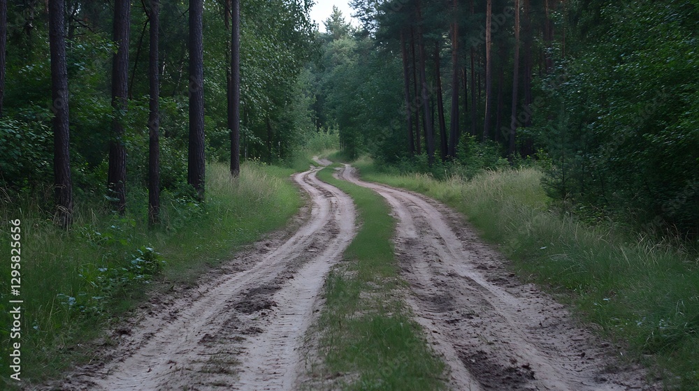 Poster winding dirt path through forest with lush green surroundings and inviting tranquil atmosphere : gen