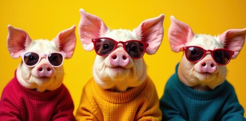 Obraz premium Three piglets in sweaters and sunglasses posing against a vibrant yellow backdrop