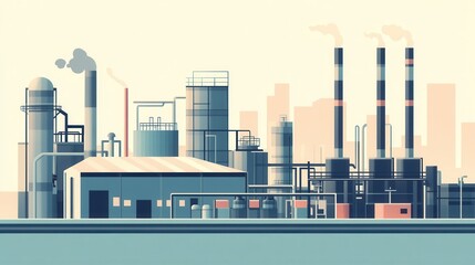 Modern Industrial Facility with Smokestacks and Storage Tanks in a Minimalist Flat Design Aesthetic Capturing Urban Environment
