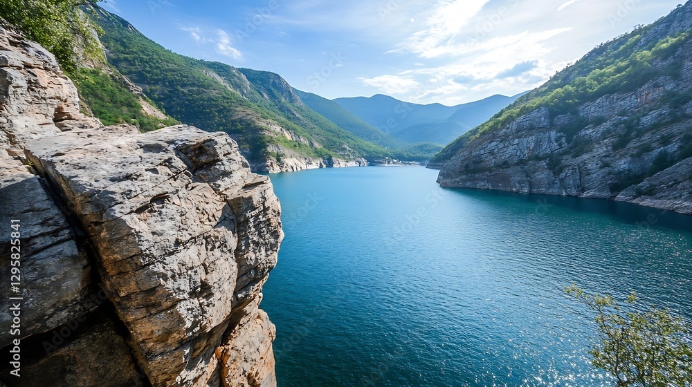Poster stunning view of a peaceful lake surrounded by rocky cliffs and mountains under a clear blue sky : g
