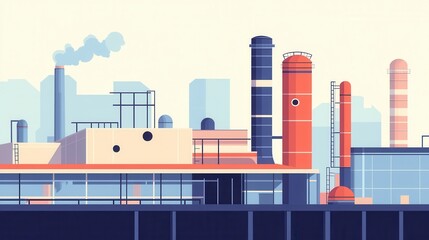 Obraz premium Modern Industrial Landscape with Abstract Architecture and Colorful Smoke Stacks, Digital Art Style, City Skyline in Background