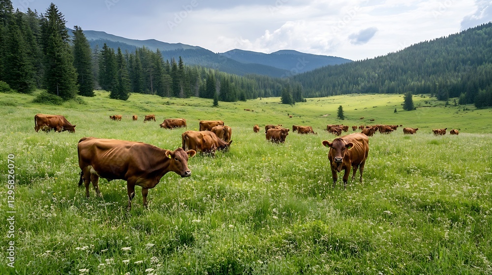 Poster herd of cows grazing in a lush green meadow surrounded by mountains : generative ai